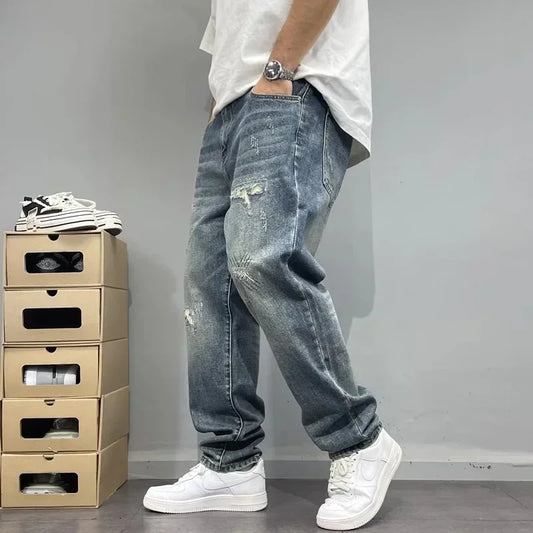 2025Heavy Duty Washed and Scraped Denim Men's Trendy High-end Embroidered Printed Loose Tapered Straight Leg Jeans