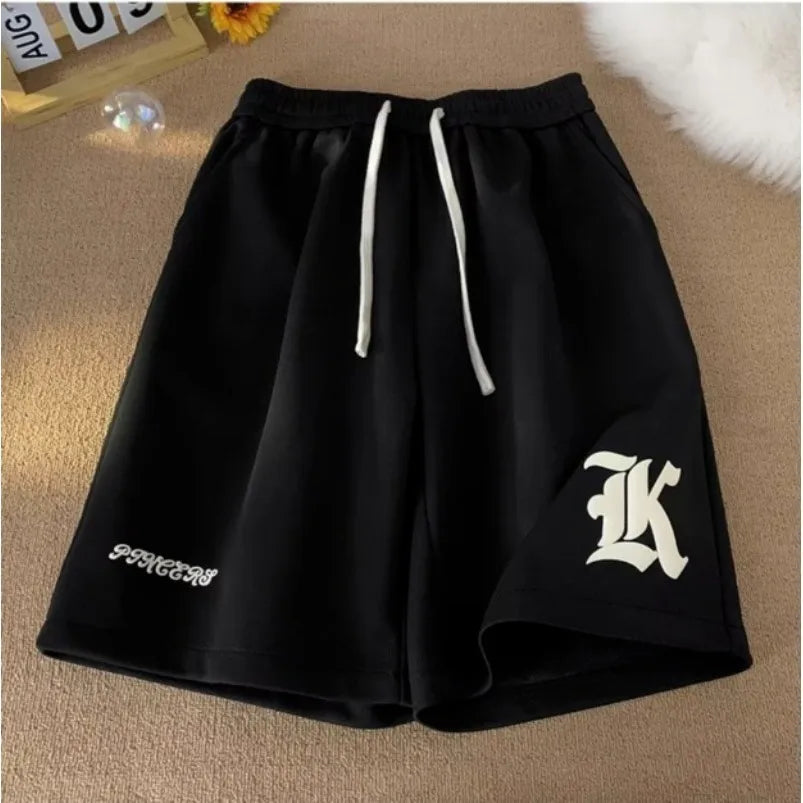 8XL Oversized Loose Shorts Men American Retro Gothic Alphabet Print Japanese Samurai Style Casual Sports Beach Pants Shorts
