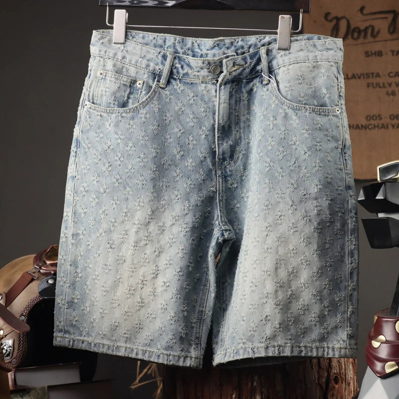 2025 New Men's Clothing Retro Jacquard Cowboy Shorts Men's Rascal Handsome Summer Thin Loose Pentagram Pants