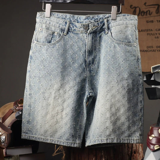 2025 New Men's Clothing Retro Jacquard Cowboy Shorts Men's Rascal Handsome Summer Thin Loose Pentagram Pants