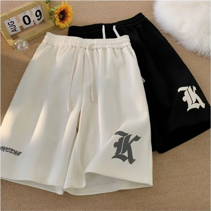 8XL Oversized Loose Shorts Men American Retro Gothic Alphabet Print Japanese Samurai Style Casual Sports Beach Pants Shorts