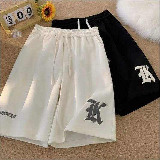 8XL Oversized Loose Shorts Men American Retro Gothic Alphabet Print Japanese Samurai Style Casual Sports Beach Pants Shorts