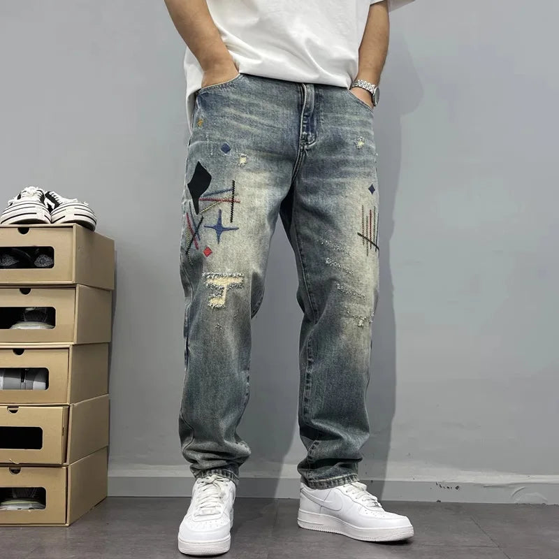 2025Heavy Duty Washed and Scraped Denim Men's Trendy High-end Embroidered Printed Loose Tapered Straight Leg Jeans